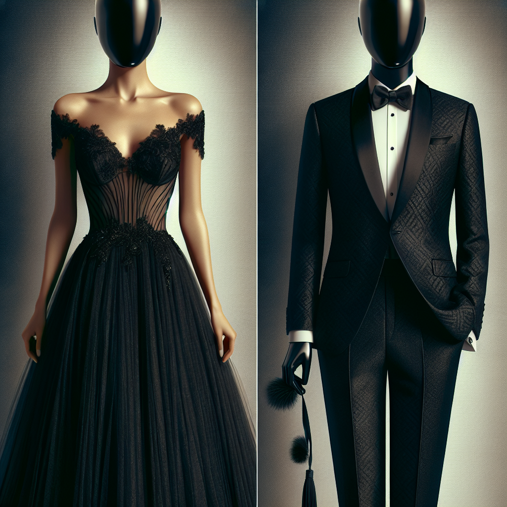 A side-by-side comparison of a chic cocktail dress and a sleek, tailored jumpsuit, showcasing versatility in black tie attire.