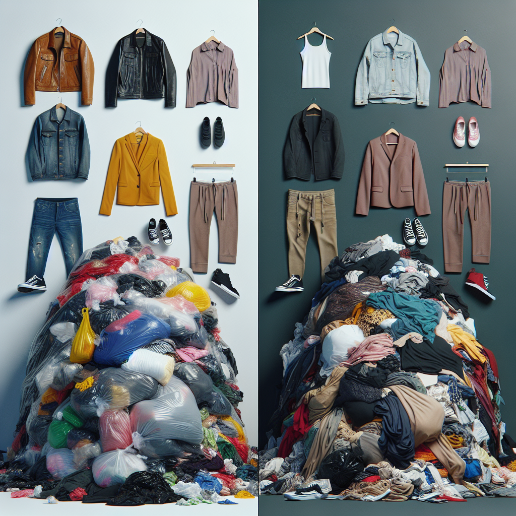 A contrast between piles of fast-fashion garments and curated, sustainable outfits demonstrating the stark differences in quality and environmental footprint