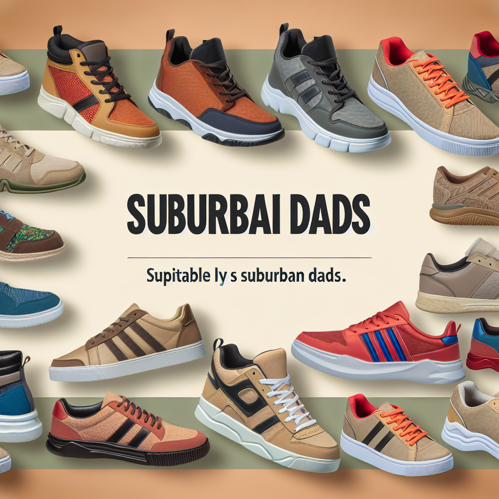 A collage of sneaker and casual shoe options suitable for suburban dads.