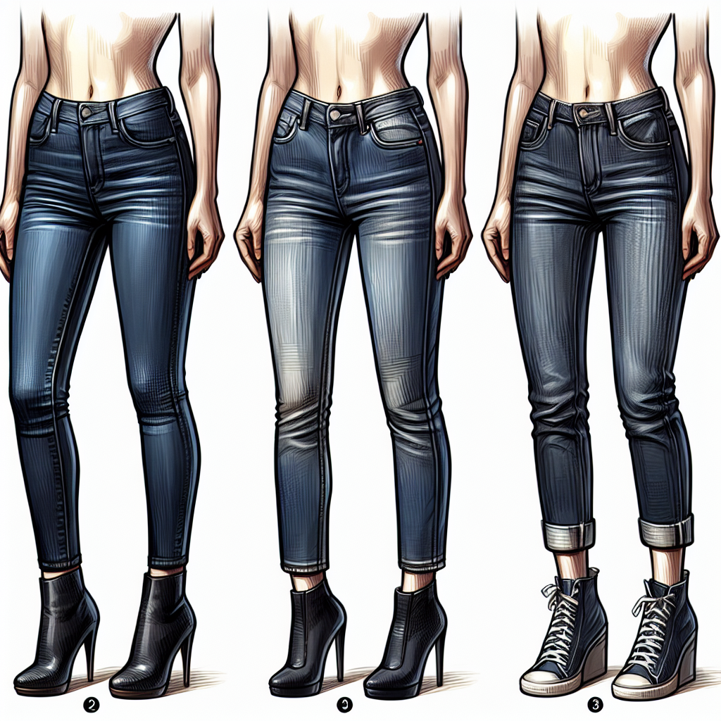 Side-by-side comparison photos of jeans in different cuts (skinny, straight, boot cut) and how they fit on the same body type.