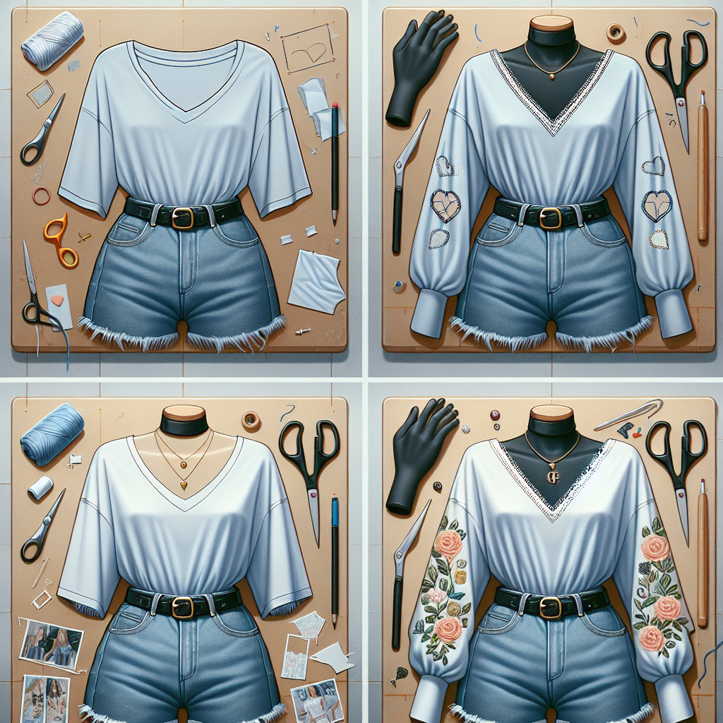 A before-and-after image of a DIY project, showing a plain shirt transformed into a chic, stylish top.