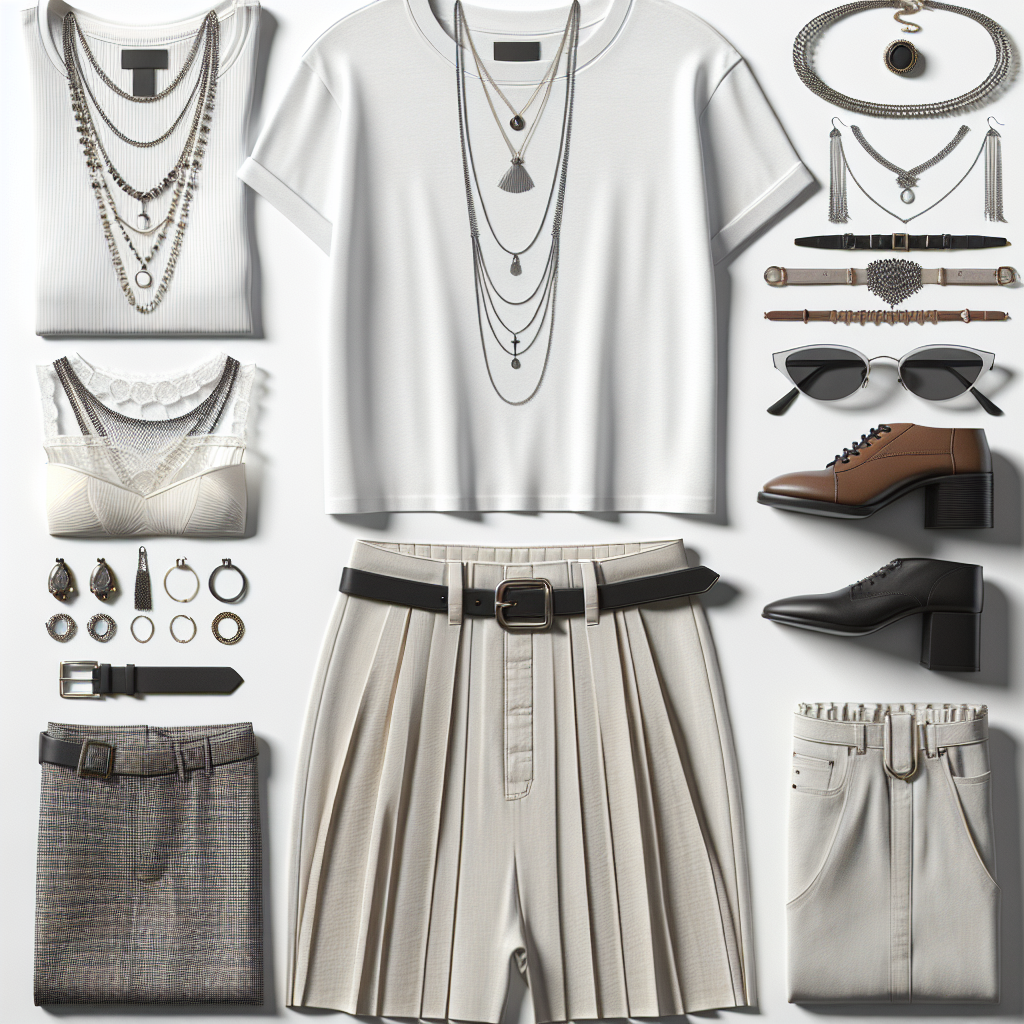 A basic white t-shirt laid out flat, surrounded by high-end and casual accessories (layered necklaces, high-waist pants, and statement skirts) demonstrating its adaptability.