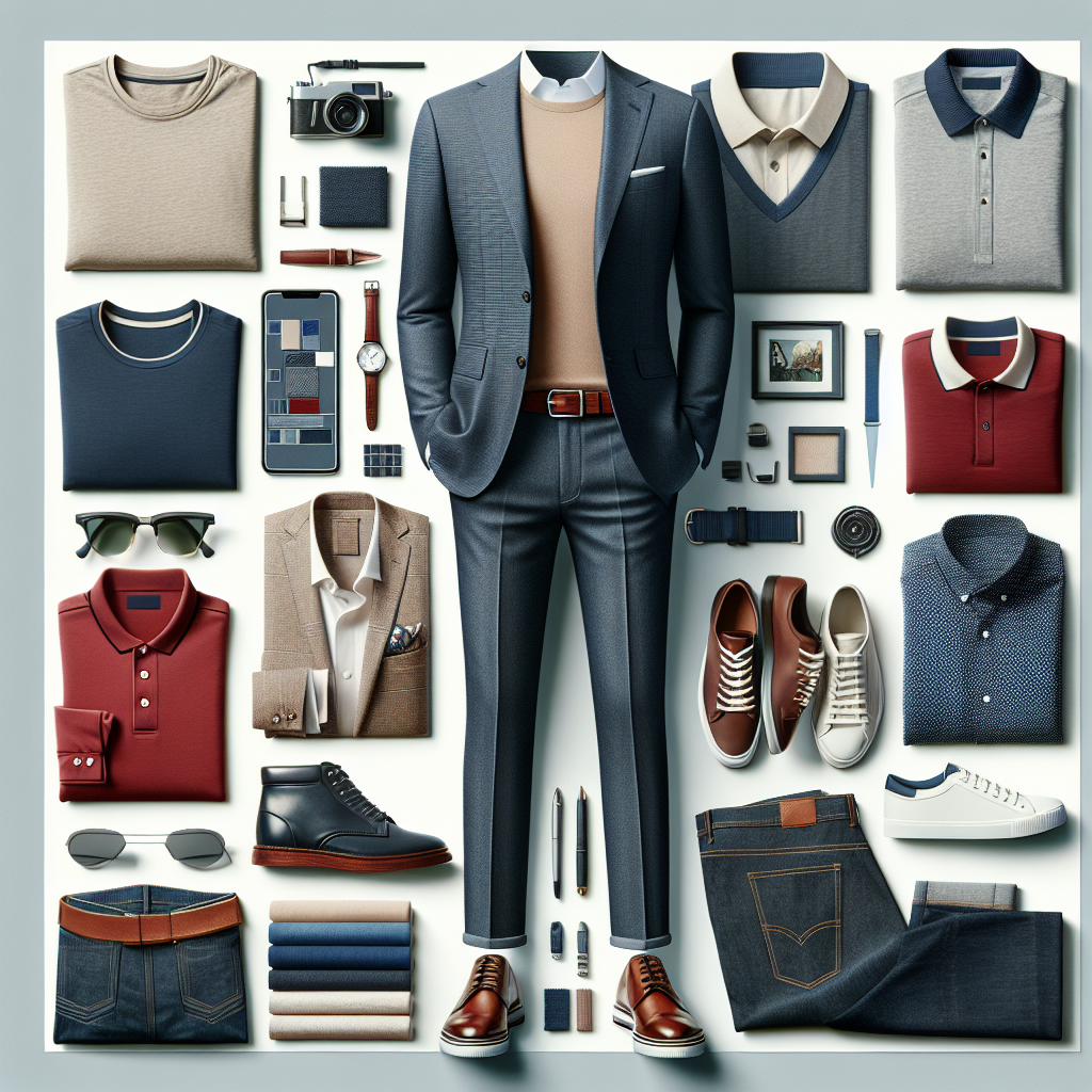 A collage showing an array of capsule wardrobe essentials for dads, including T-shirts, a polo, a blazer, jeans, chinos, a leather jacket, and a pair of sneakers