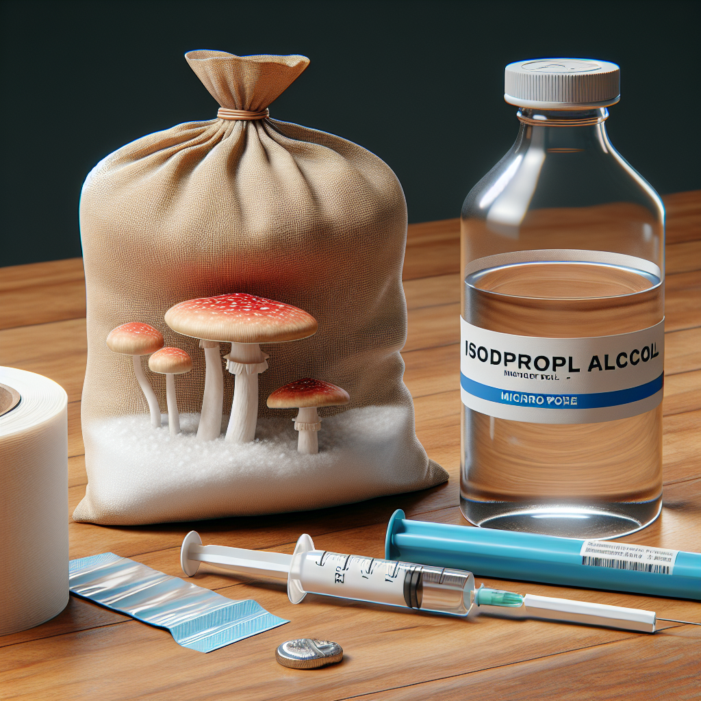 A table with a mushroom grow bag, isopropyl alcohol, syringe, and micro pore tape