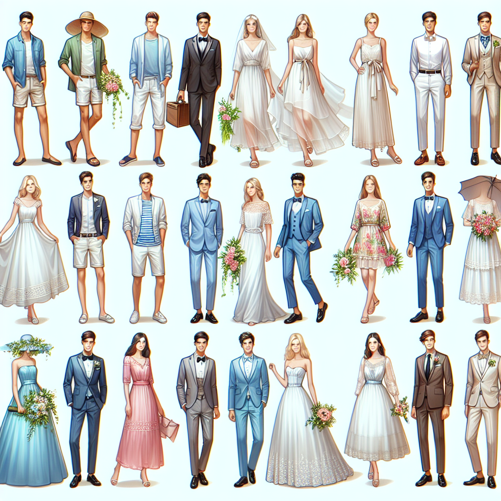 A collage of wedding guest outfits for both men and women suitable for different types of weddings.