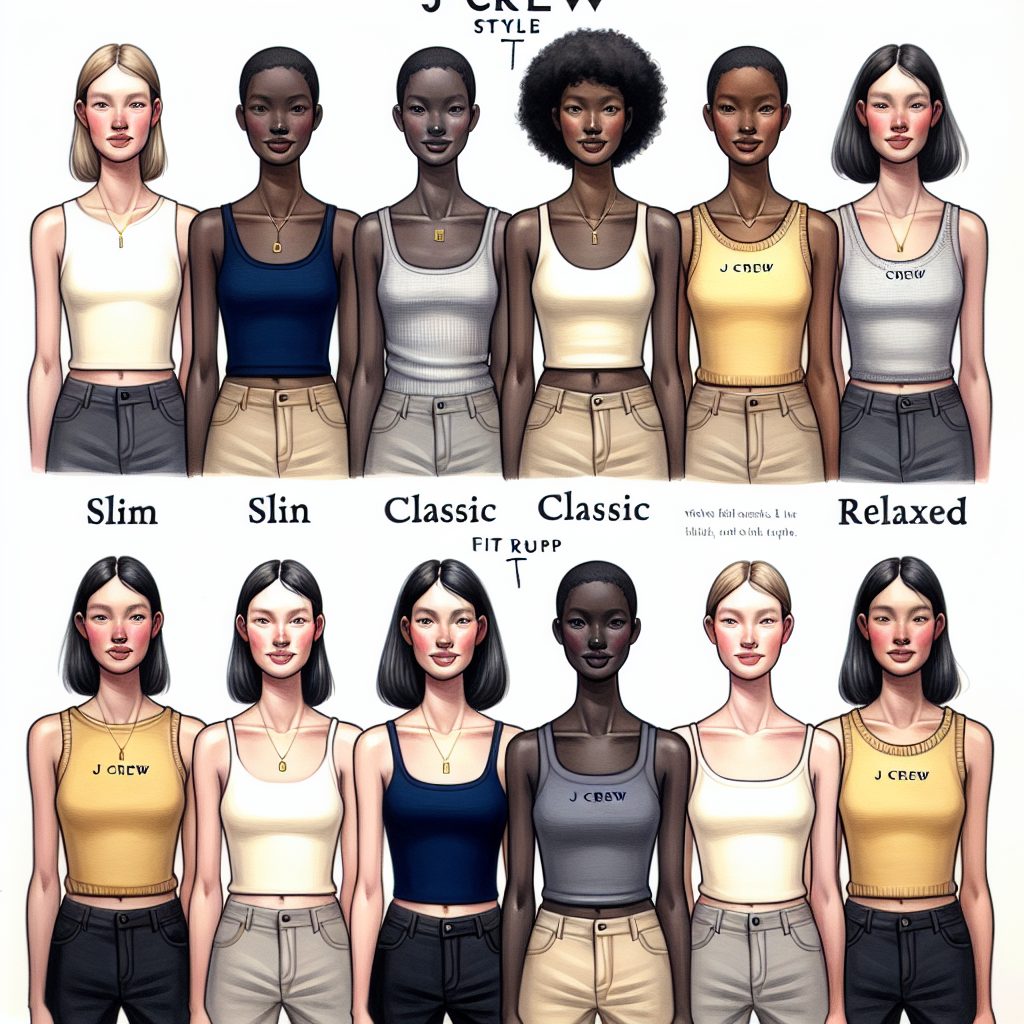 Models of varying body types wearing J Crew tops, each demonstrating the distinct look of slim, classic, and relaxed fits with descriptive labels.