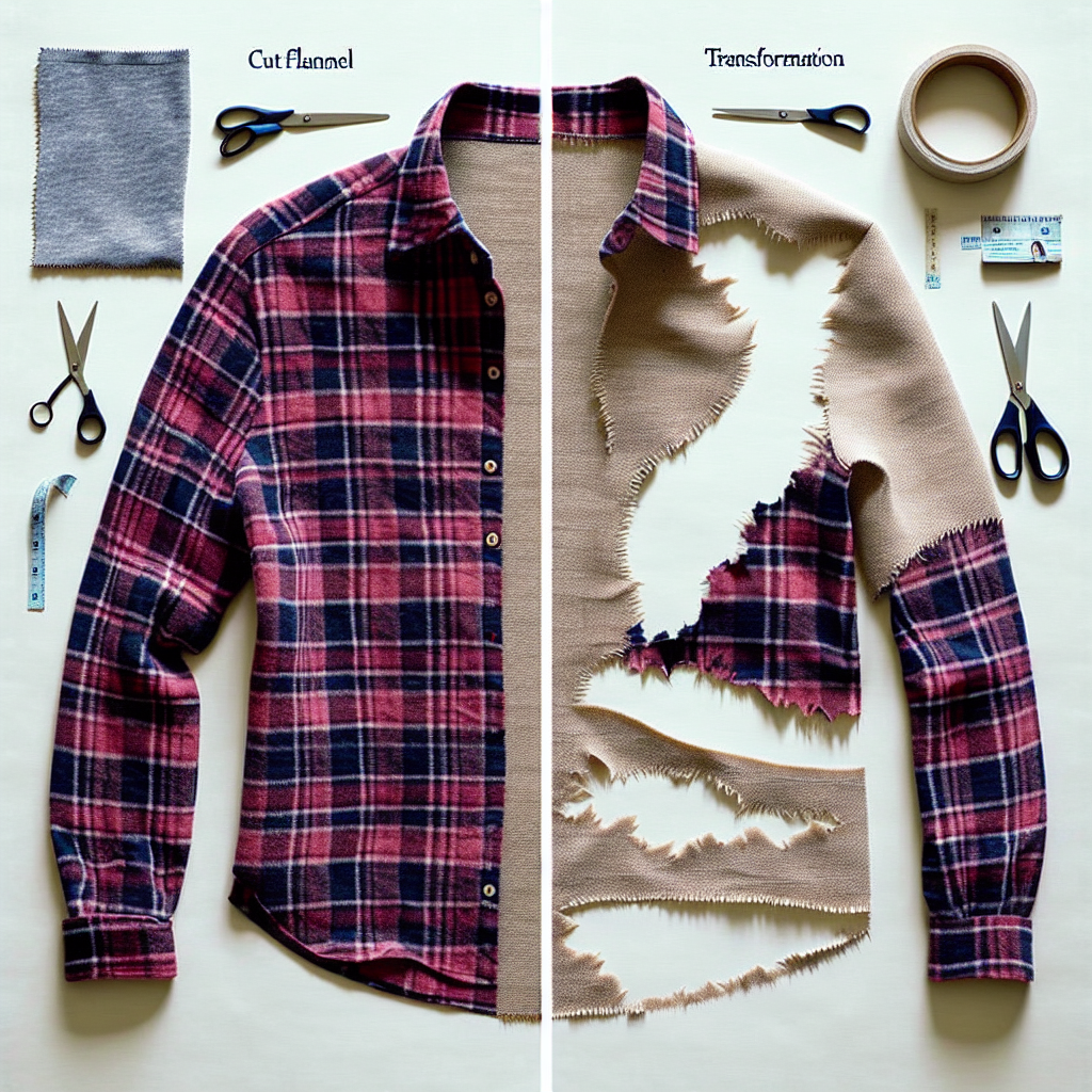 A halfway point photo of the upcycled top, showing the cut flannel and fabric piece positioned but not yet sewn together, highlighting the transformation process.