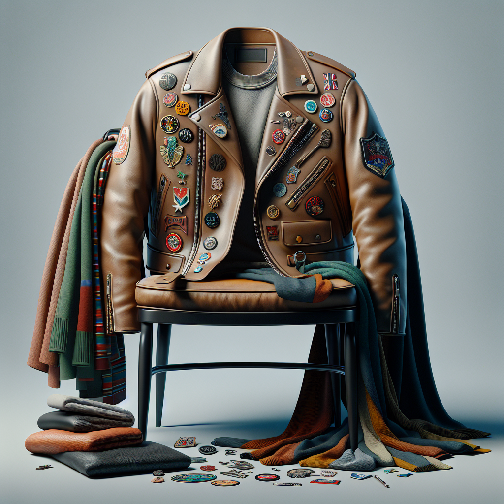 A high-quality image of a classic leather jacket draped over a chair, with images of pins, patches, and scarves nearby, suggesting customization options.