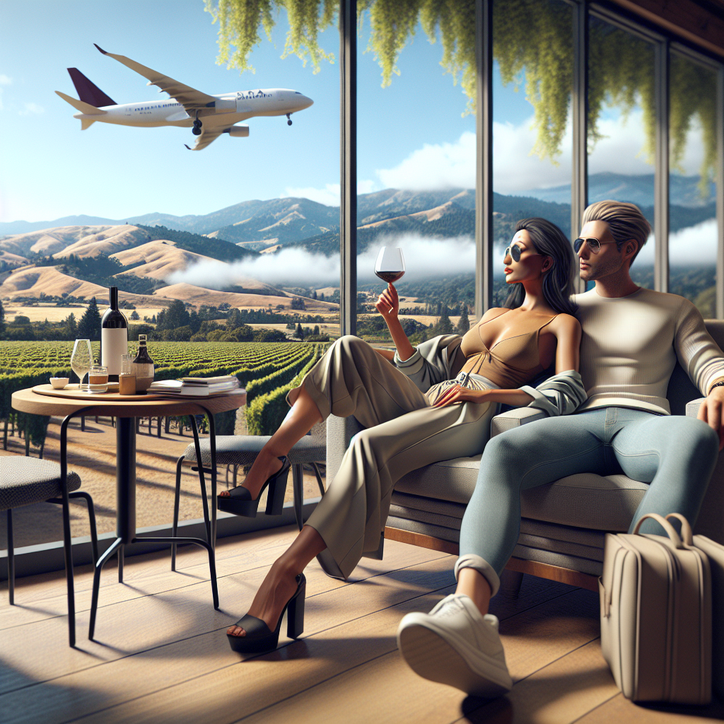 A relaxed couple lounging at a cafe, dressed in their comfortable yet stylish departure outfits, with Napa's scenic view in the background. Emphasize the leisurely vibe, focusing on the comfort and simple chic of their outfits, perfect for wrapping up a memorable Napa weekend.