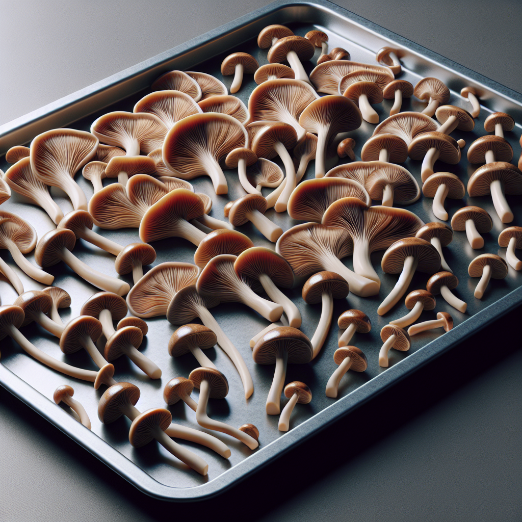 Mushroom slices laid out in a single layer on a cookie sheet, ready for the oven.