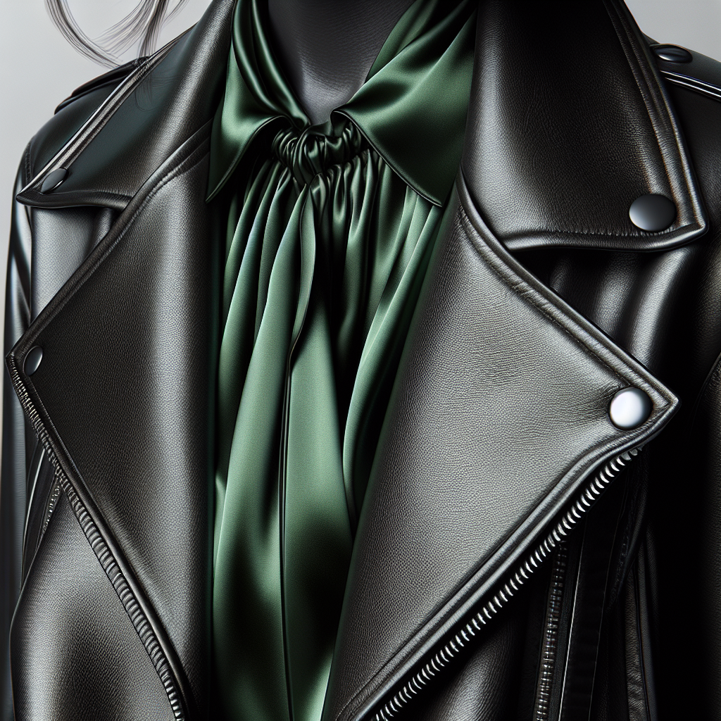 A close-up on a leather jacket over a silk blouse in deep green, accentuating the interplay of textures within a monochromatic outfit.