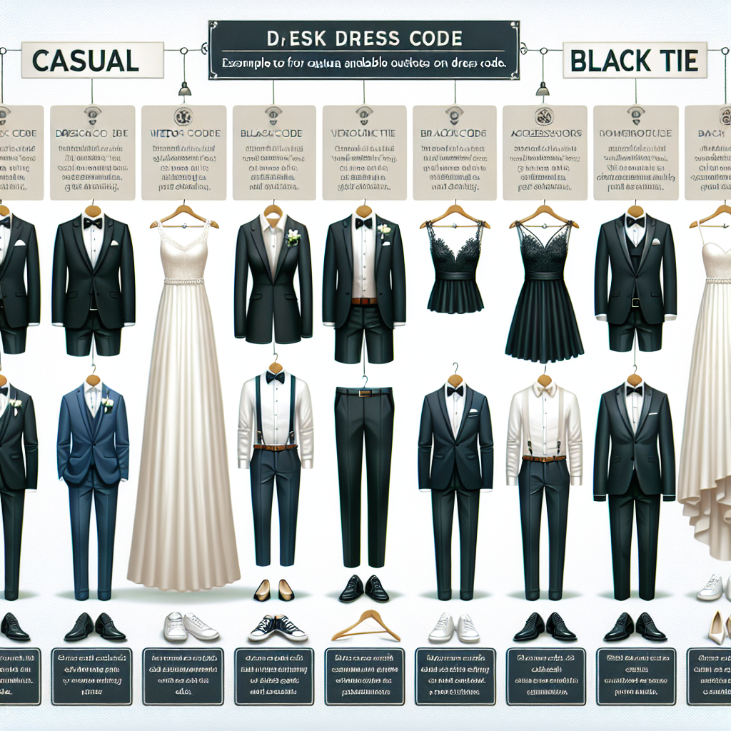 An infographic illustrating different wedding dress codes with examples of suitable outfits for each.