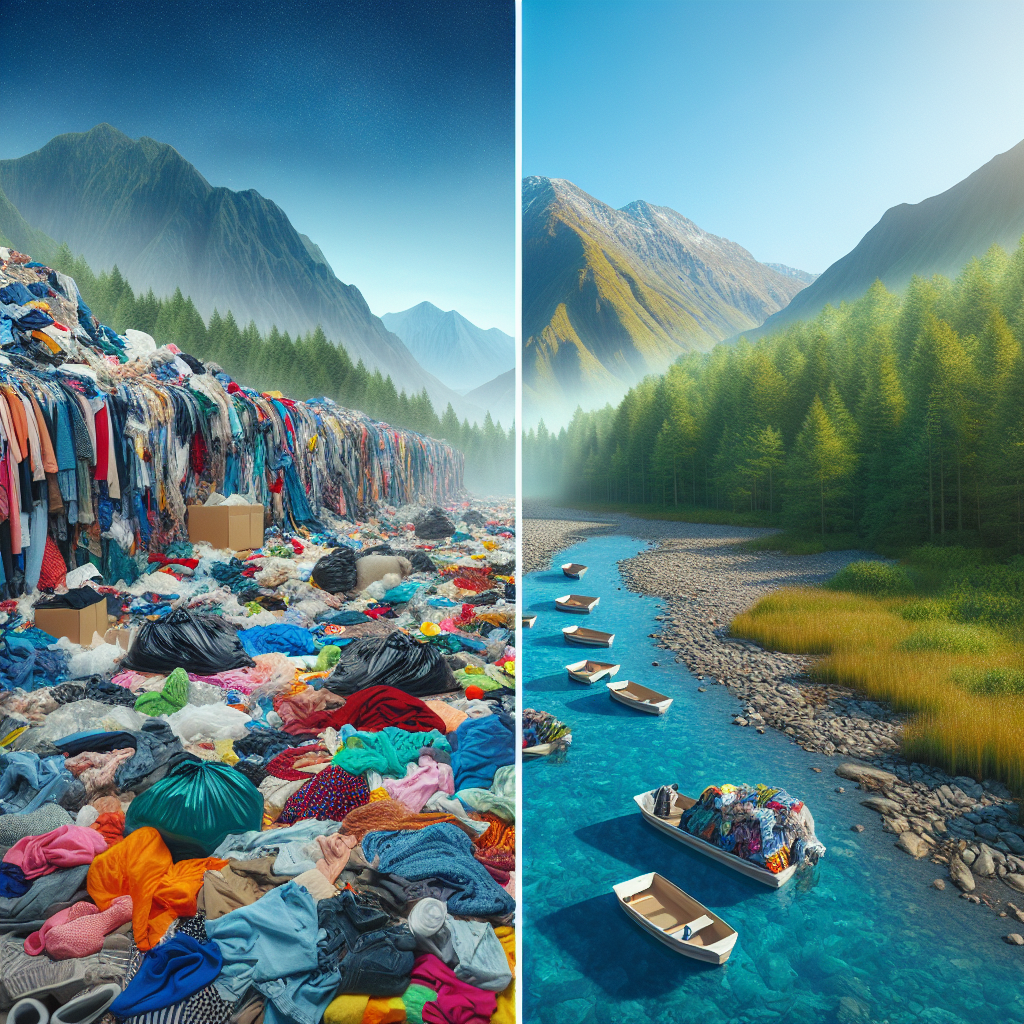 Before-and-after pictures of a landscape polluted by fast fashion waste vs. a clean, natural environment supported by slow fashion practices.