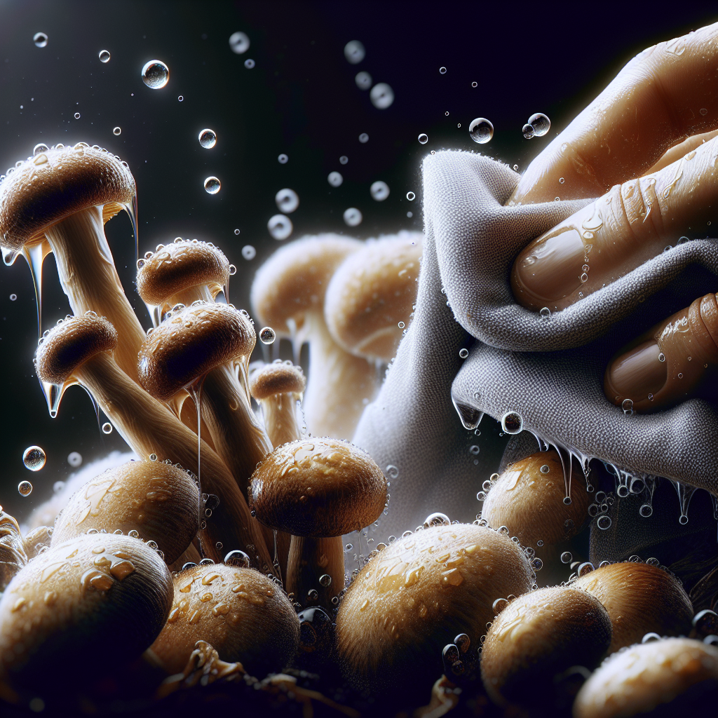 A close-up shot of fresh mushrooms being cleaned with a damp cloth.