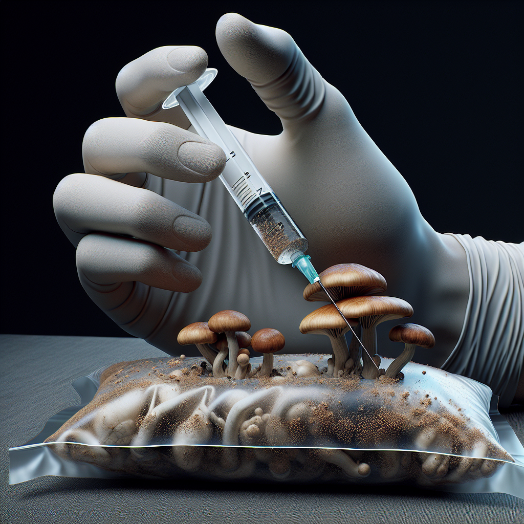 A hand holding a syringe, injecting spores into the mushroom bag