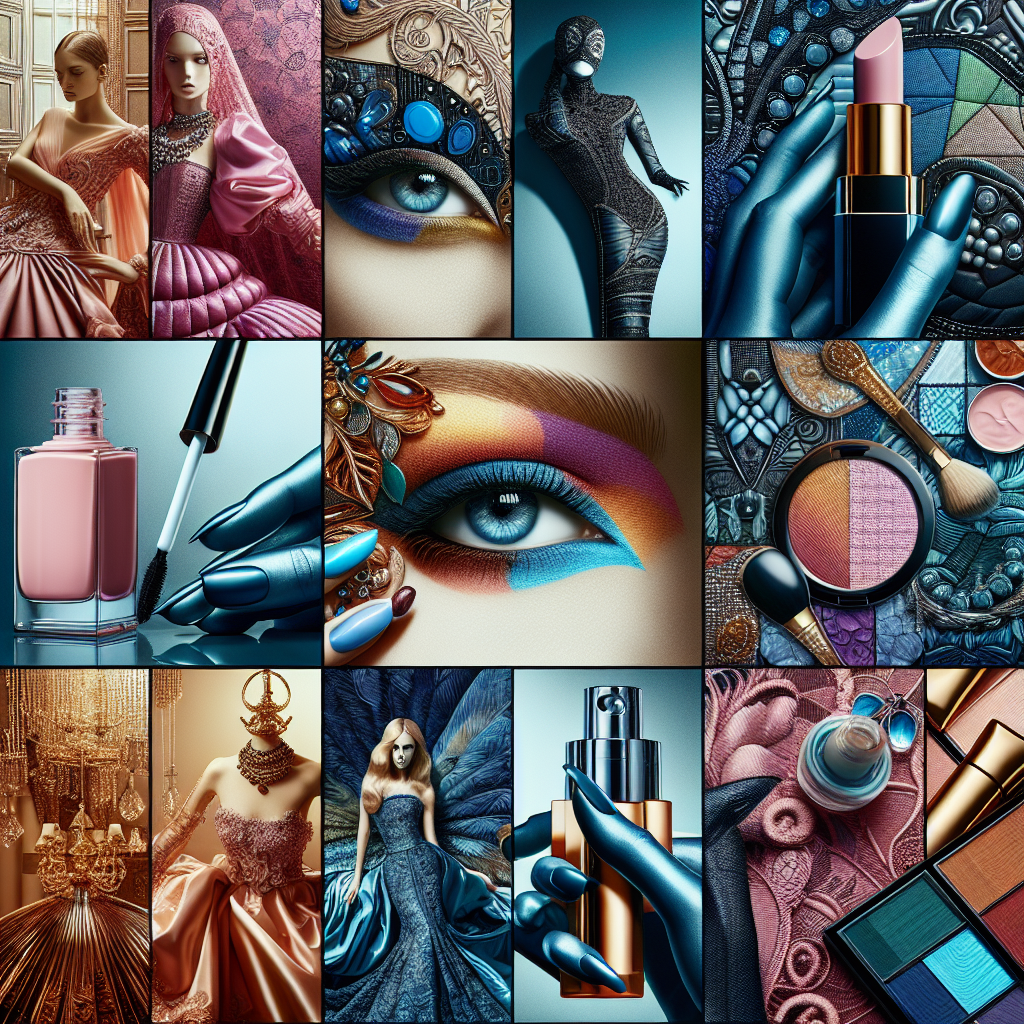 A vibrant collage showing famous fashion designers alongside their beauty product lines, illustrating the seamless blend between couture and cosmetics.