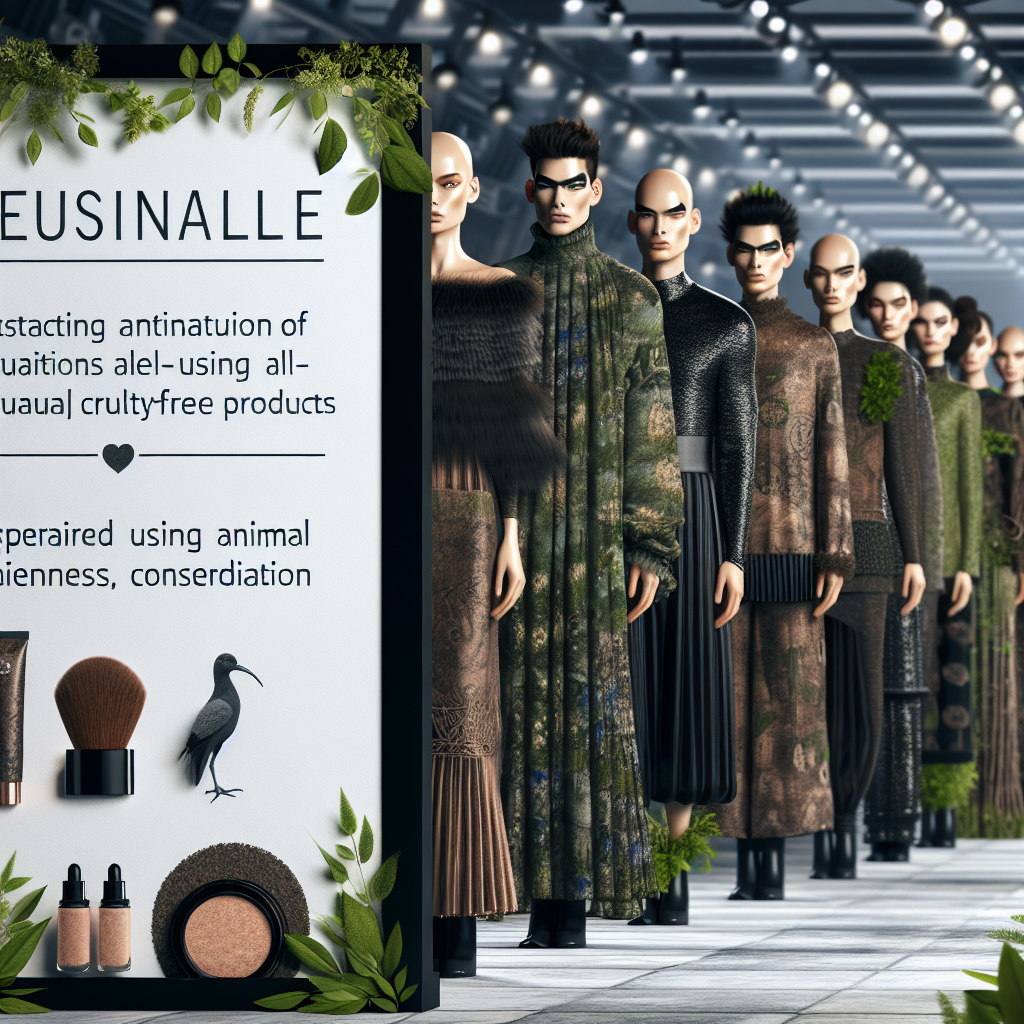 An eco-friendly fashion show featuring models in sustainable outfits, complemented by natural, cruelty-free makeup looks.