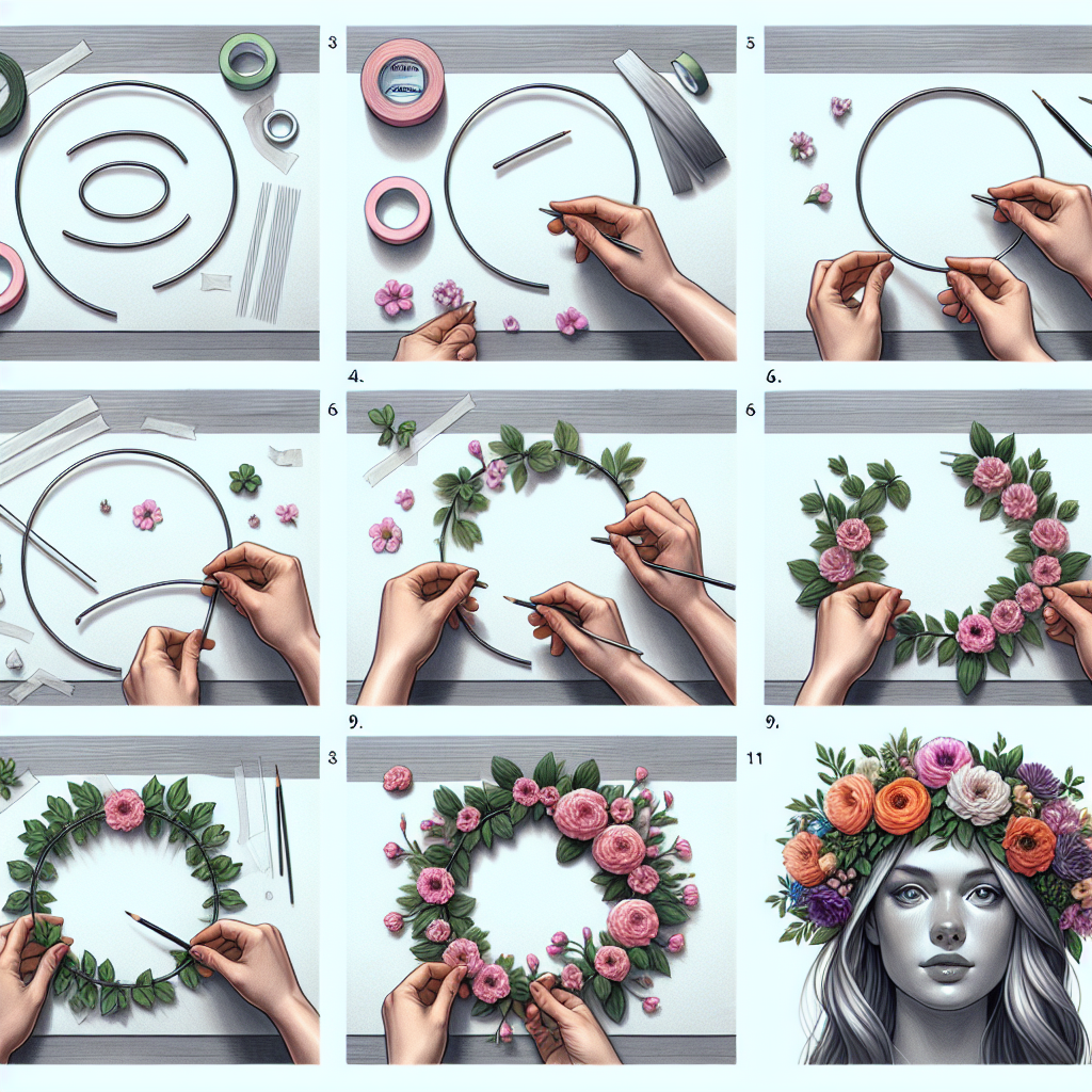 A step-by-step visual guide on making a simple yet beautiful DIY flower crown.