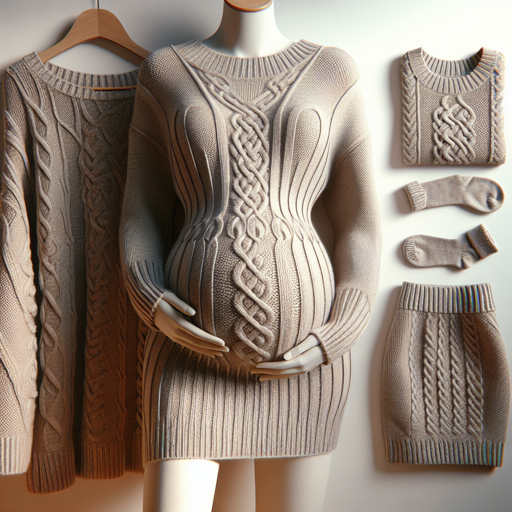 A cozy maternity knitwear ensemble, showcasing a sweater and knit dress, perfect for a casual day out.