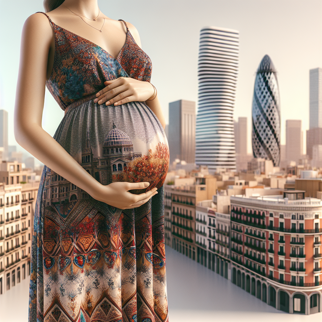 A pregnant woman wearing a bold, patterned maxi dress standing in a chic, urban setting.