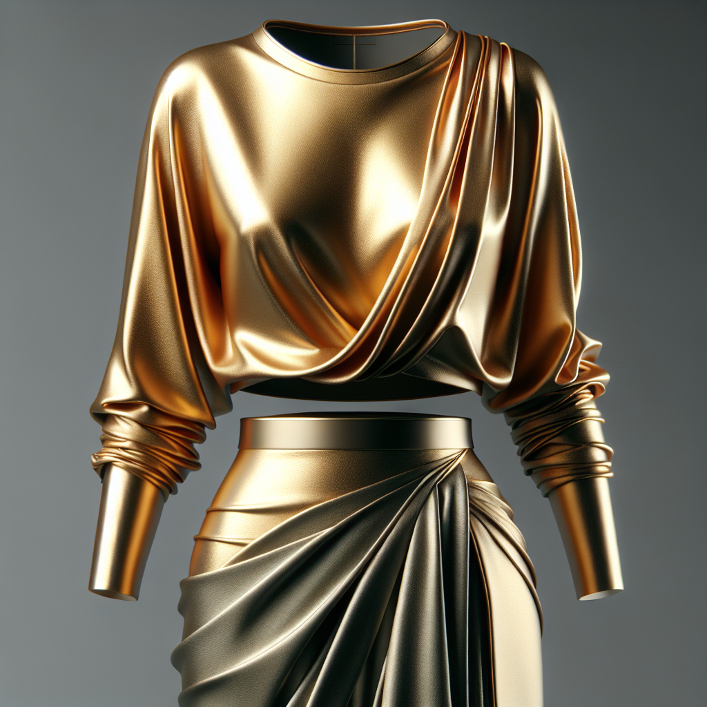 Ralph Lauren's golden drape-y top paired with a matte bottom, depicting a harmonious blend of sheen and subtlety.