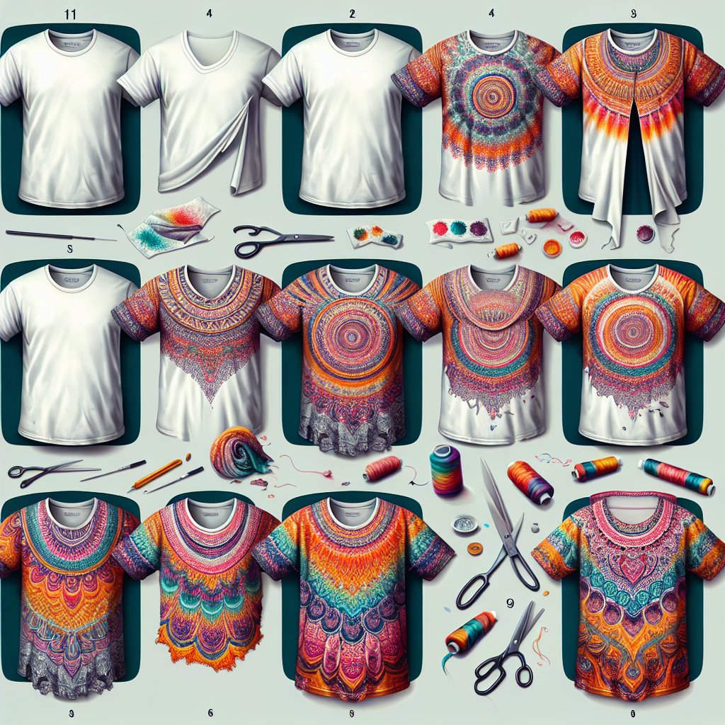 A visual guide showing a plain white t-shirt evolving into a colorful, patterned statement piece through the process of upcycling.