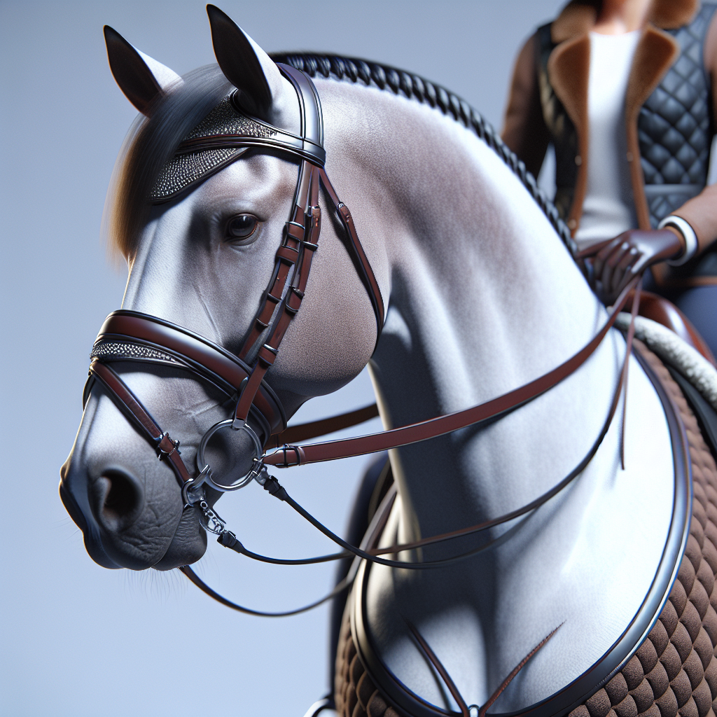 A well-groomed horse outfitted with a coordinated saddle blanket and bridle, perfectly complementing the rider’s attire.