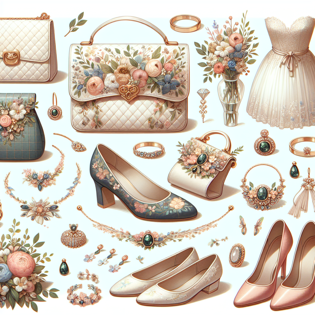 Various spring wedding appropriate accessories, including shoes, bags, and jewelry, neatly arranged.