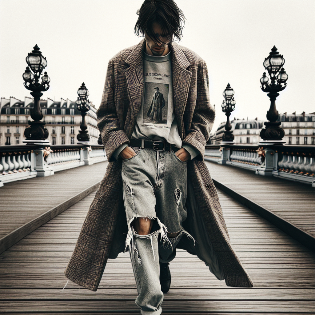 A candid shot of a stylish individual crossing the Pont Neuf, wearing a vintage designer coat draped over a casual tee and torn jeans, exemplifying Parisian nonchalance.