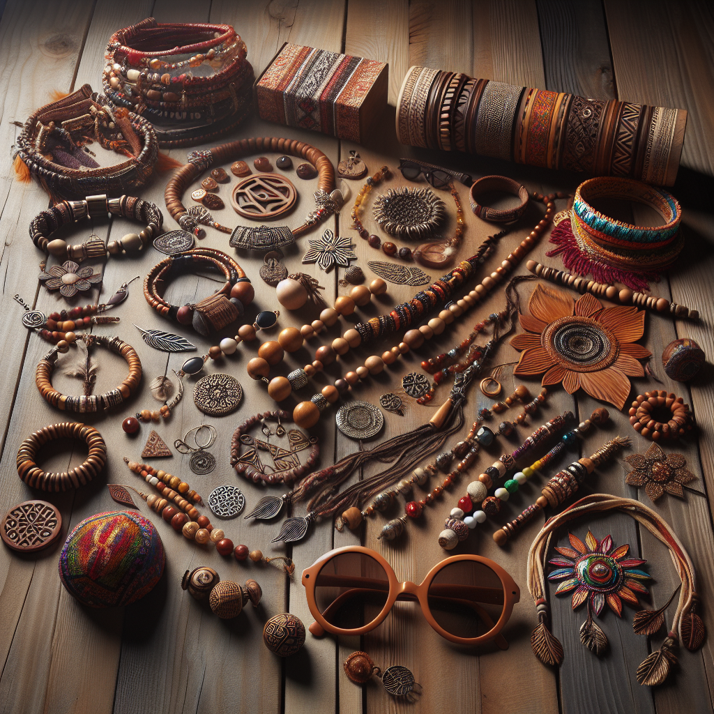 A variety of boho accessories spread out on a wooden surface, including chunky wooden jewelry, oversized sunglasses, and vibrant headbands.