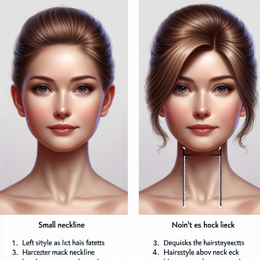 A side-by-side comparison of two hairstyles, one that enhances the small neckline and one that doesn't. This visual guide will help you understand the impact of hairstyles and makeup on your overall look.