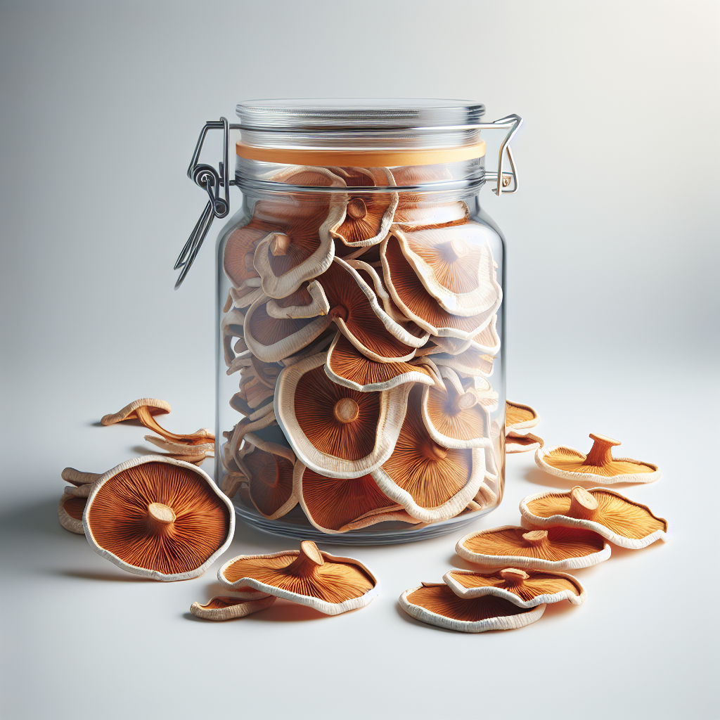 A jar filled with perfectly dehydrated mushroom slices, ready for storage.