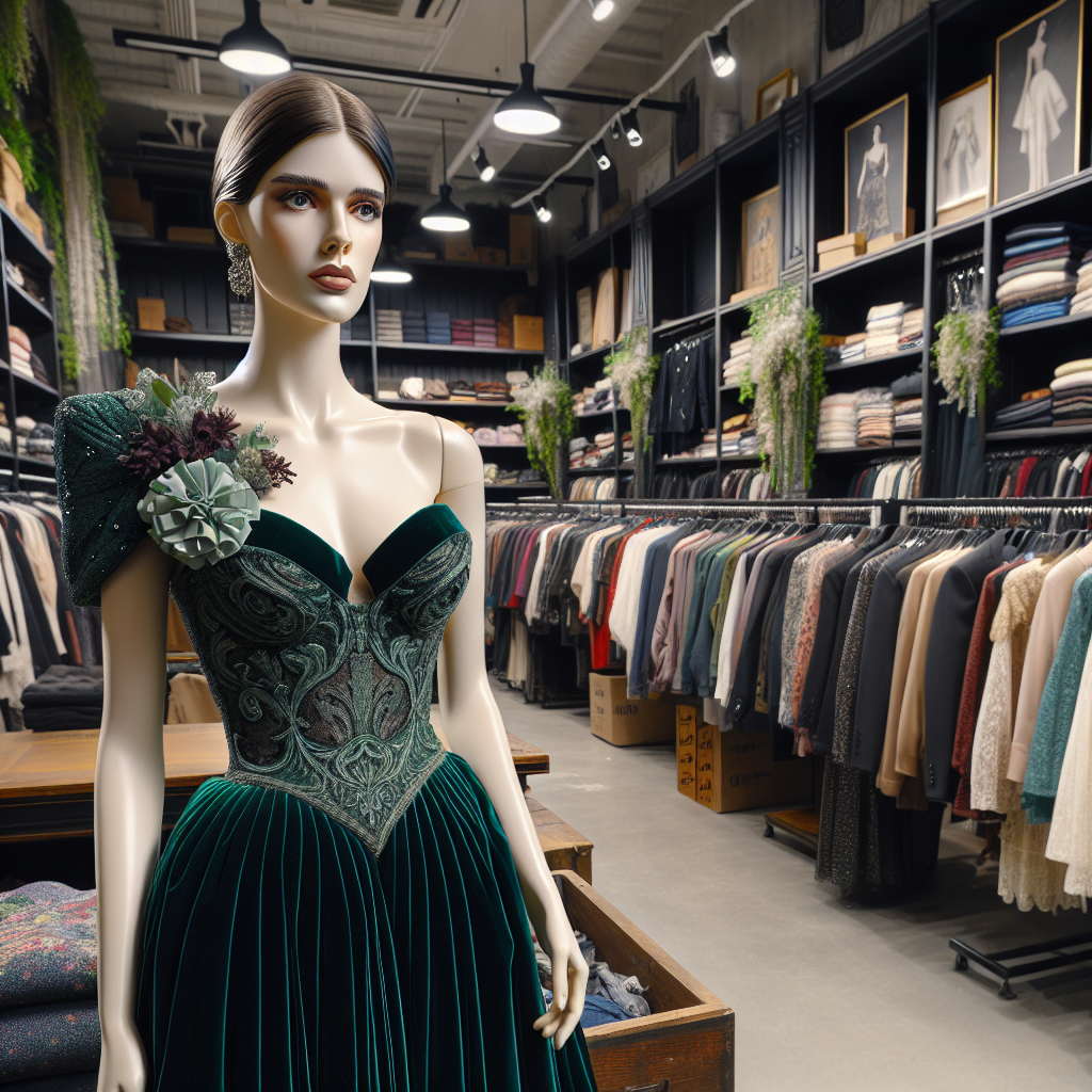 A vintage-inspired, emerald green velvet gown, paired with a simple, eco-friendly corsage, set against a backdrop of a thrift store that specializes in formal wear.