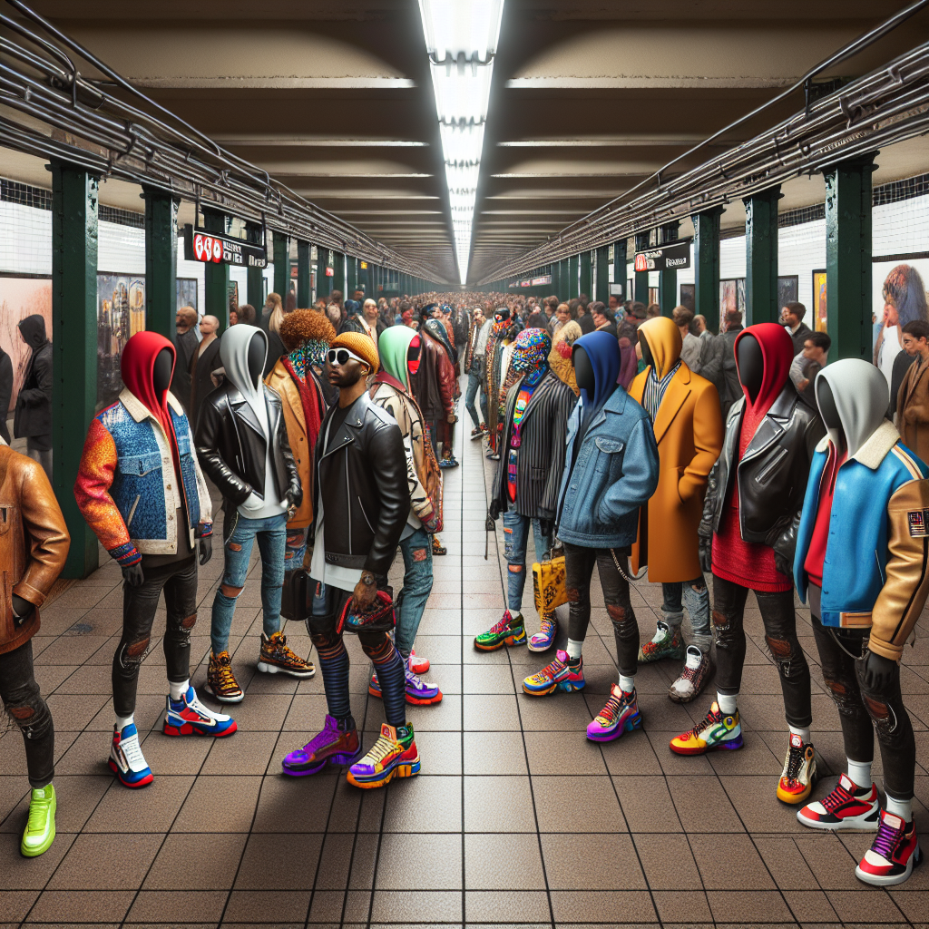 An image of diverse people waiting at a subway station in NYC, each person showcasing unique, bold fashion choices from neon sneakers to leather jackets.