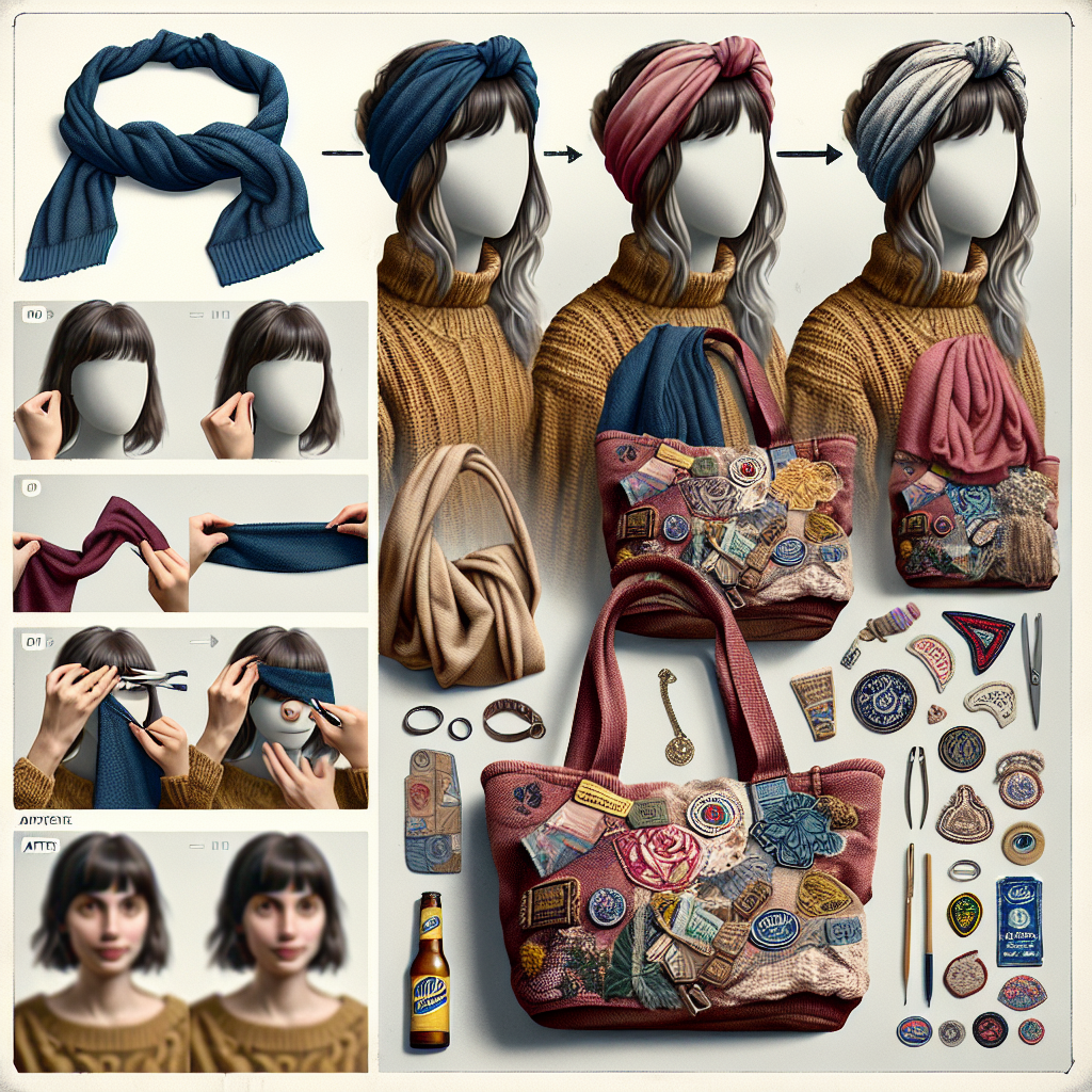 A collage showcasing various accessories before and after the upcycling process, including a scarf turned into a headband and a tote bag embellished with patches.