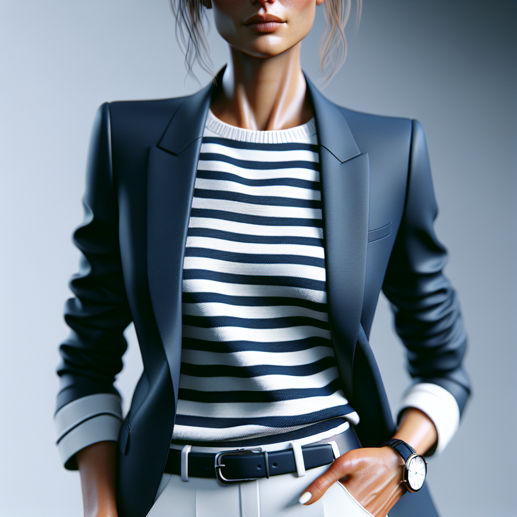 A well-dressed woman over 40, looking effortlessly cool in a nautical stripe top paired with a structured navy blazer and white pants.