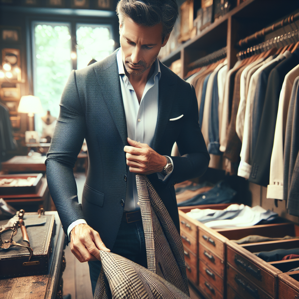 A well-dressed dad in his 40s browsing through a high-end vintage store, selecting a classic blazer. This image demonstrates how age does not limit one's ability to explore and enjoy fashion.