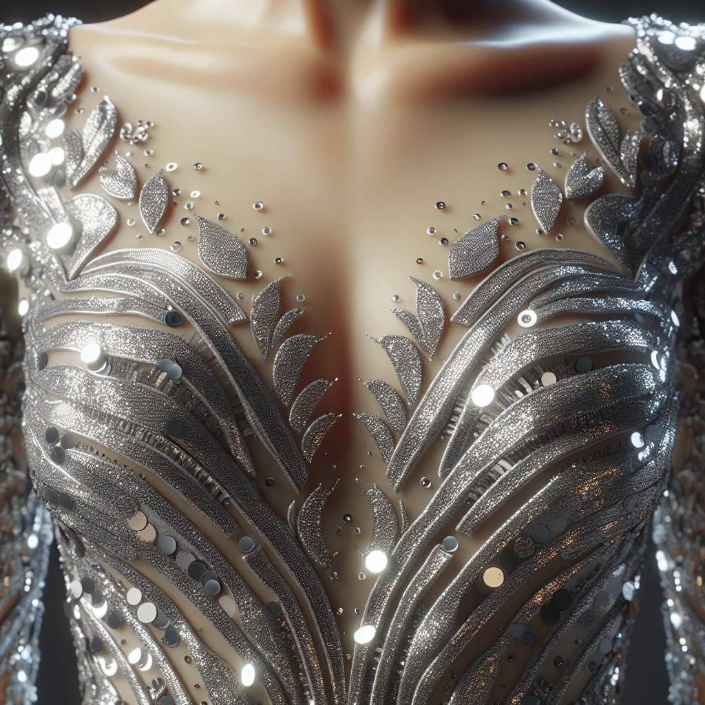 Close-up shot of a silver sequined dress with intricate patterns, highlighting the texture and shine.