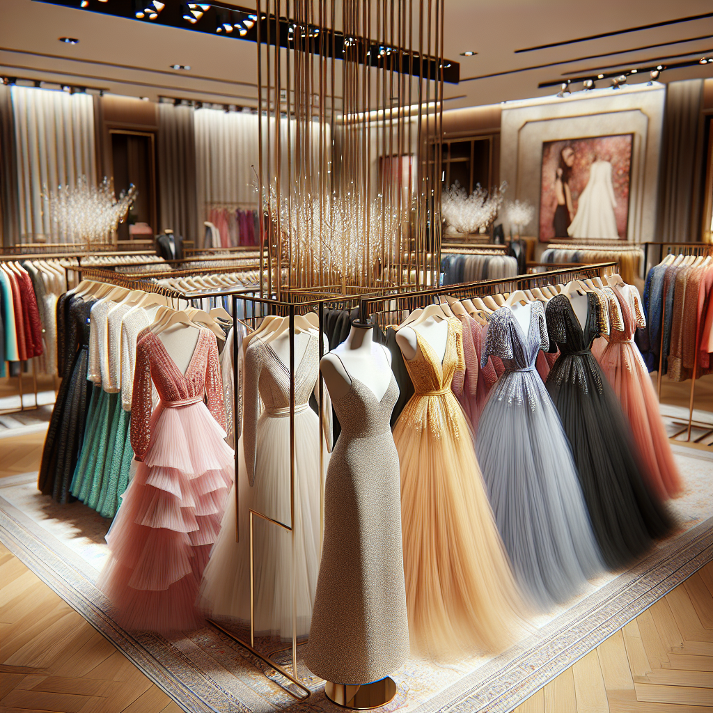 A vibrant display of Shoshanna Dresses on the racks of a high-end boutique, showcasing the diversity in sizes and styles, with happy customers browsing