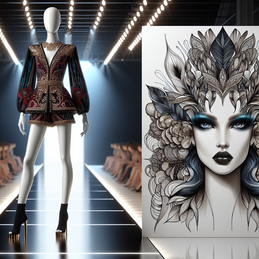 A runway model showcasing a bold outfit paired with a striking makeup look, symbolizing the perfect harmony between apparel and makeup in high fashion.