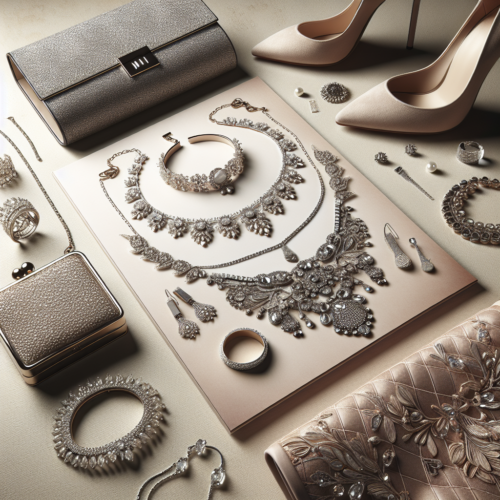 An assortment of accessories including sparkling statement jewelry, an elegant clutch, and stylish yet comfortable high heels, laid out against a neutral background.