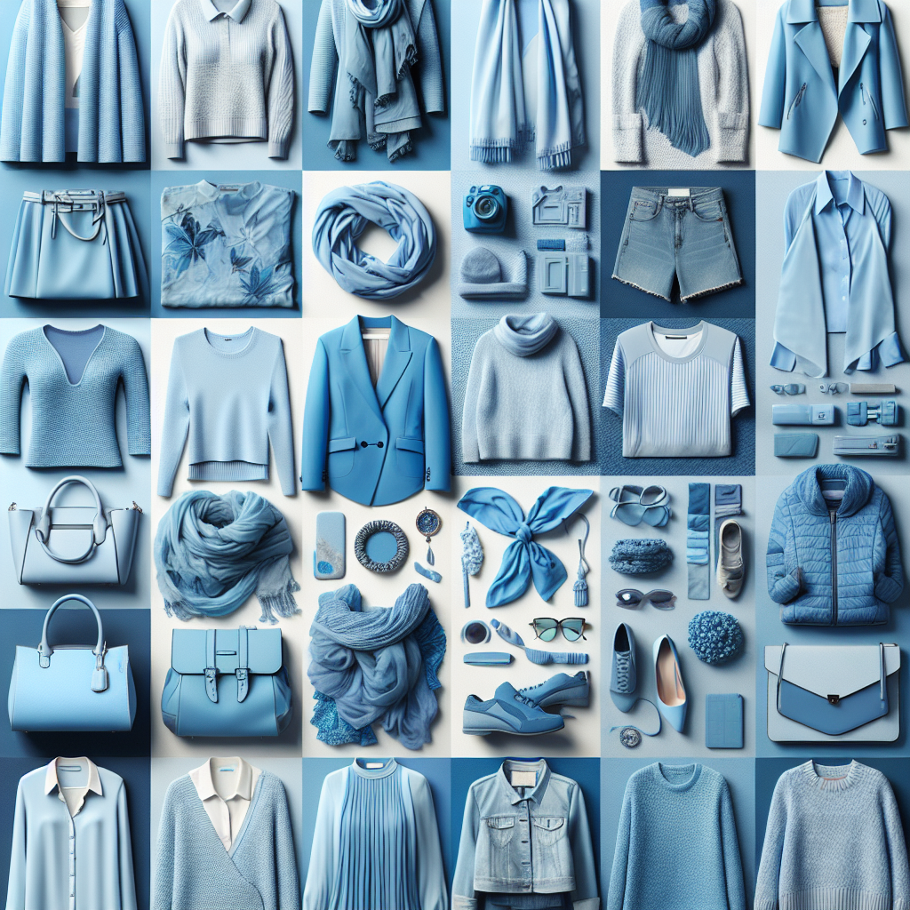 A collage of outfits and accessories in varying shades of sky blue, demonstrating the trend’s versatility with pieces like scarves, blouses, and handbags.