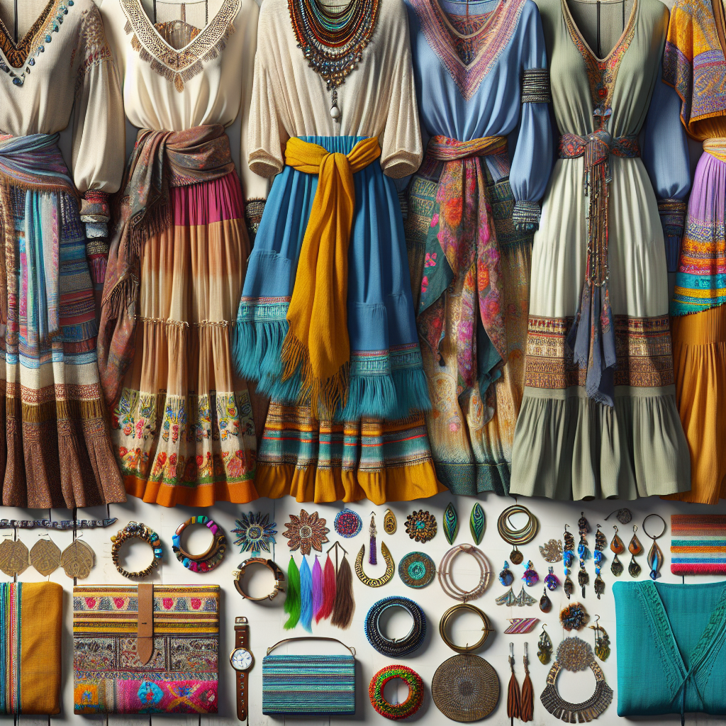 A vibrant display of essential boho chic items such as maxi dresses, embroidered tunics, and layered accessories.