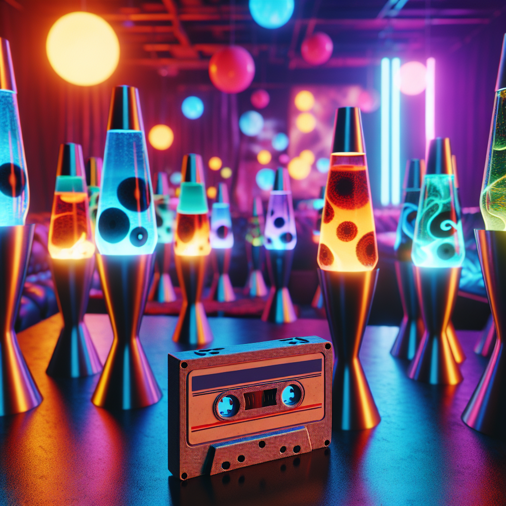 Showcasing a party scene with cassette tape centerpieces, neon lights, and lava lamps setting the ambiance.