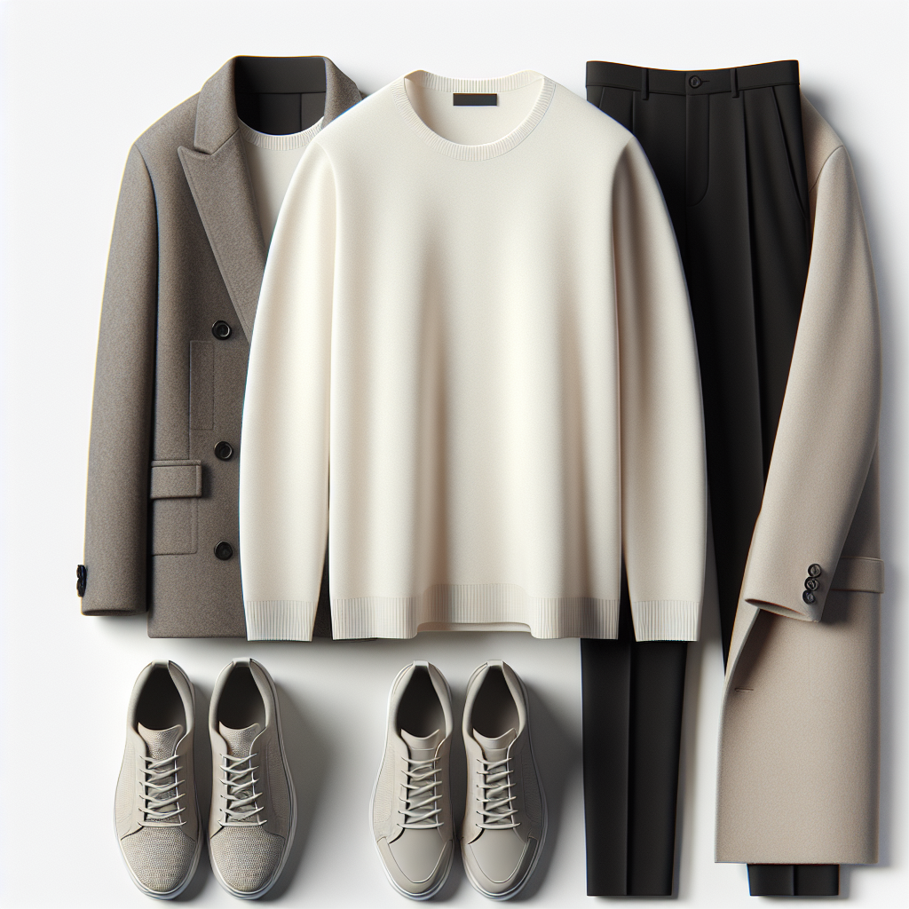 A minimalist fashion set featuring a white shirt, black trousers, accented with a beige coat and grey sneakers, showcasing the versatility of neutrals.