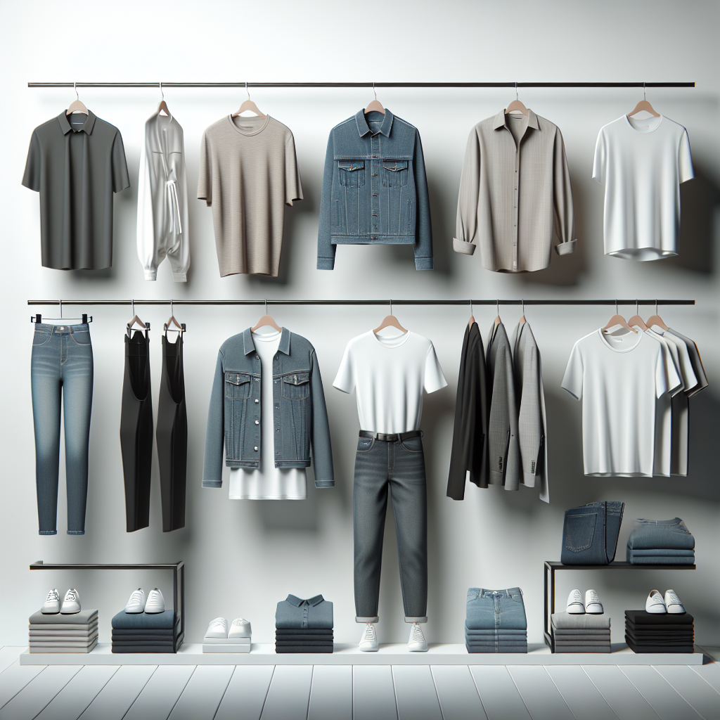 Styled outfits displaying essential wardrobe staples, neatly arranged on a minimalist background, each piece representing versatility and style.